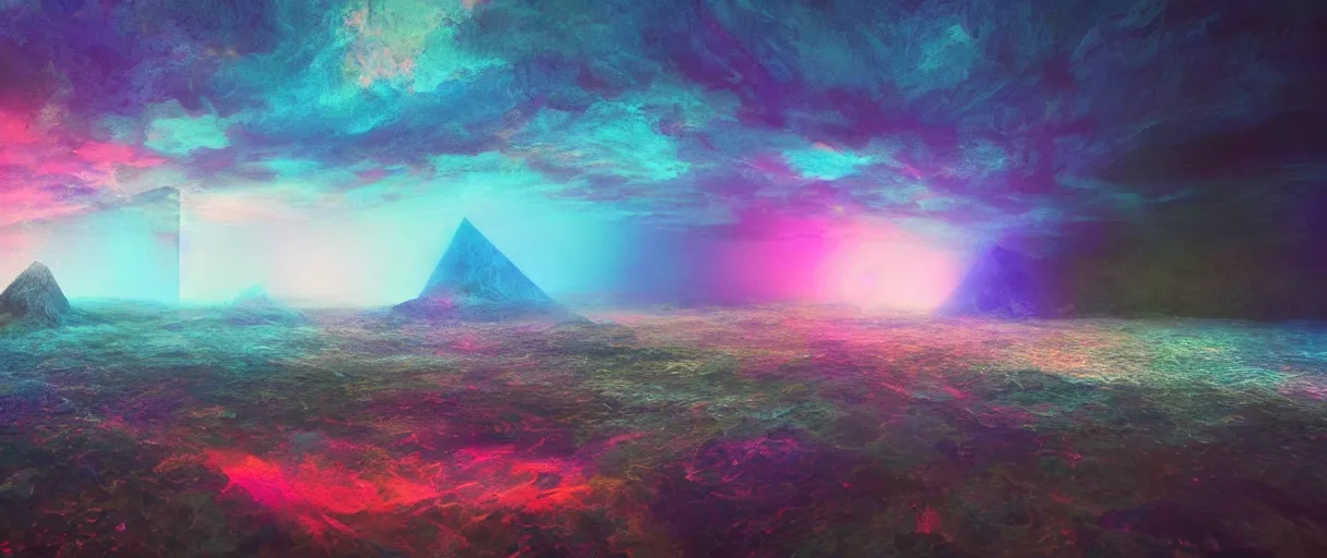 Prompt: dream landscape, simulation, glitch art, volumetric object, physical particles, translucence, cinematic lighting, iridescence, by ash thorpe