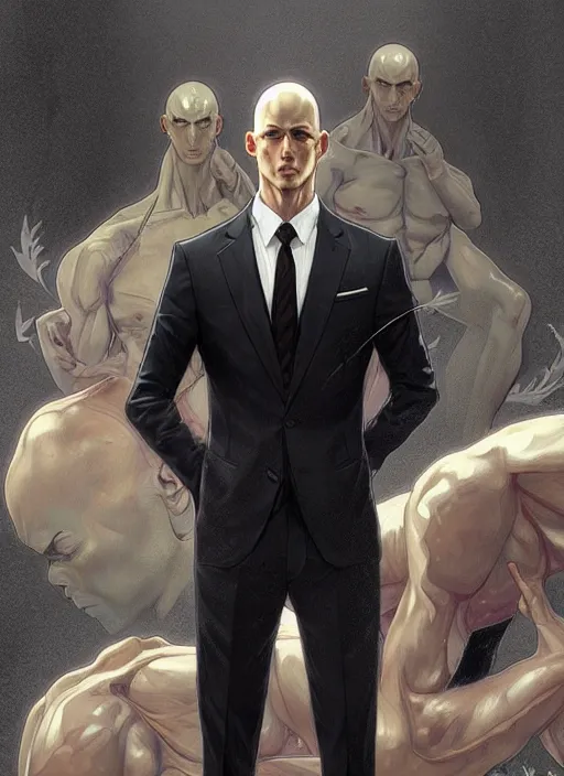 Prompt: ultra realistic illustration, handsome saitama. intricate, elegant, black suit, highly detailed, digital painting, artstation, concept art, smooth, sharp focus, illustration, art by artgerm and greg rutkowski and alphonse mucha and wlop