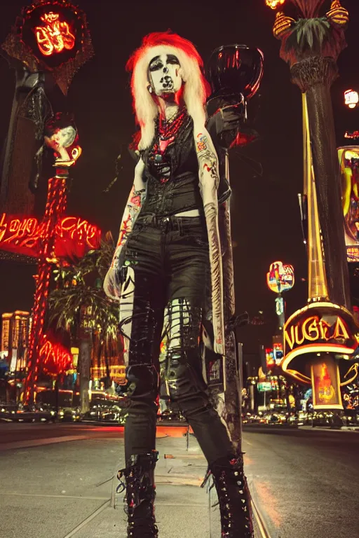 Prompt: full body portrait of a punk vampire on the Las Vegas strip at night, by shan qiao, cinematic, hyper realism, high detail, octane render, 8k,trending on artstation, CGsociety, concept art, 35mm, kodak portra