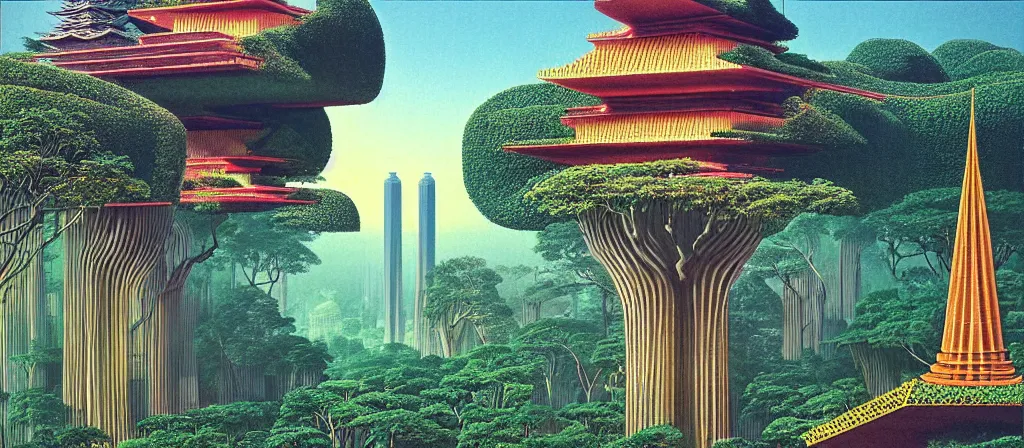 Image similar to huge gargantuan angular dimension of pagoda liminal spaces, temples by escher and ricardo bofill. utopian singaporean landscape by roger dean. magical realism, surrealism, lush sakura trees, waterfalls, thunder, lightning, cyberpunk, shot from below, epic scale