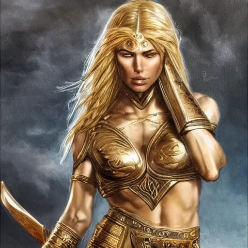 Image similar to greek amazon warrior, a tall beautiful woman with bronzed skin and long blonde hair, dressed in hellenistic body armour, intricate, elegant, highly detailed, smooth, sharp focus, detailed face, high contrast, graphic novel, art by ardian syaf,