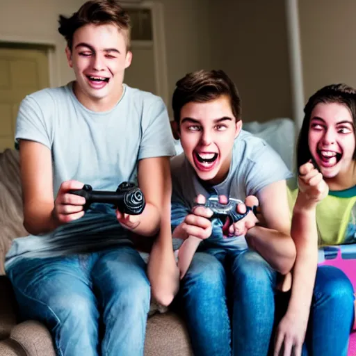 Prompt: teens playing video games together having fun