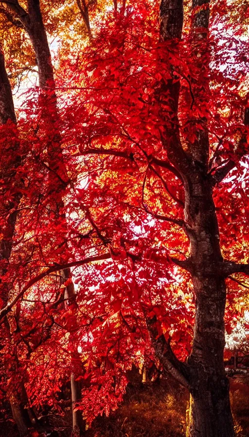 Prompt: beautiful autumn tree with red leaves, melancholy autumn light, blood pumping through veins, blood red leaves, blood vessels stretching out intricately, biological beauty, sinister, atmospheric HD photograph, depth of field