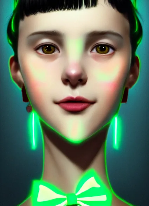 Image similar to portrait of high school girl, realistic, black hair, bangs, half updo hairstyle, pointy nose, skinny, smile, ugly, defined jawline, big chin, green hair bow, earrings, intricate, elegant, glowing lights, highly detailed, digital painting, artstation, sharp focus, illustration, art by wlop, mars ravelo and greg rutkowski