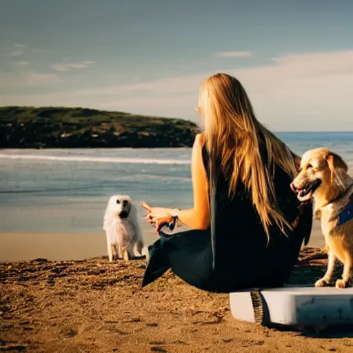 Image similar to blonde girl with a dog sitting by the beach