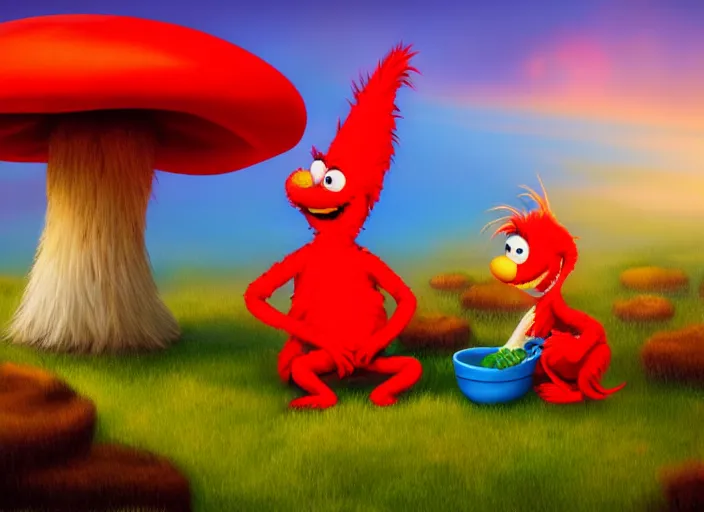 Image similar to dr seuss elmo sitting next to a mushroom, golden hour, fantasy, sharp focus, digital art, hyper realistic, 4 k, unreal engine, highly detailed, hd, dramatic lighting by brom, trending on artstation