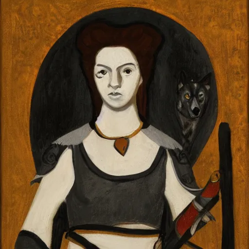 Image similar to painted portrait of a woman with a magic spear standing in front of her guardian wolf, in monochrome