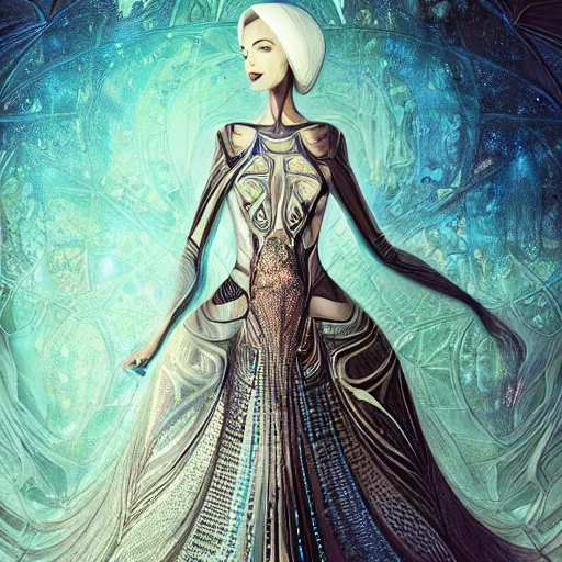 Image similar to a beautiful arabian woman wearing a futuristic dress by alexander mcqueen, thom browne, karol bak, ayami kojima, artgerm, arabian beauty, blue eyes, smile, futuristic, organic dress, pattern, concept art, fantasy