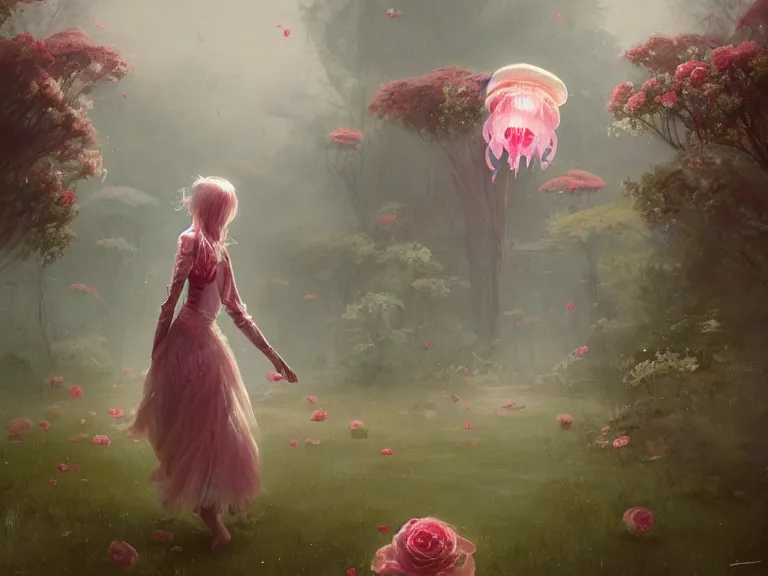 Prompt: anthropomorphic female jellyfish walking in a rose garden, au naturel, digital art, sharp focus, by greg rutkowski, artstation cgsociety