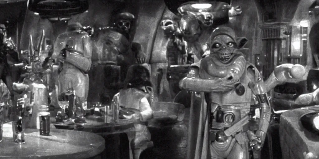 Prompt: a film still from two Mos Eisley cantina aliens having a drink in Star Wars (1977). dimly-lit tavern.