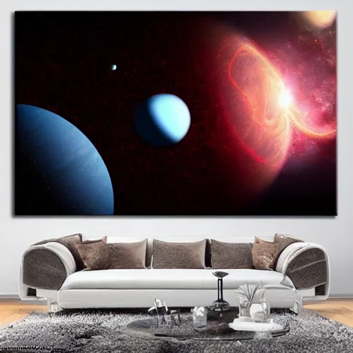 Image similar to ringed planet rising over the horizon of cratered alien landscape with strange plants and trees on galaxy nebula background, detailed luminescent oil painting 4 k