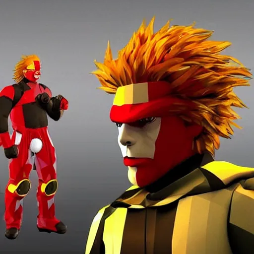 Image similar to image of ronald mcdonald, white face, red afro, red nose and yellow outfit as an enemy in metal gear solid 1 video game, with low poly playstation 1 graphics, upscaled to high resolution