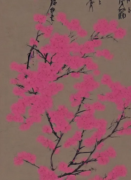 Image similar to a beautiful red-ish and pink-ish deformed sakura painted by an unknown artist, unknown artstyle, unknown date and year, undiscovered