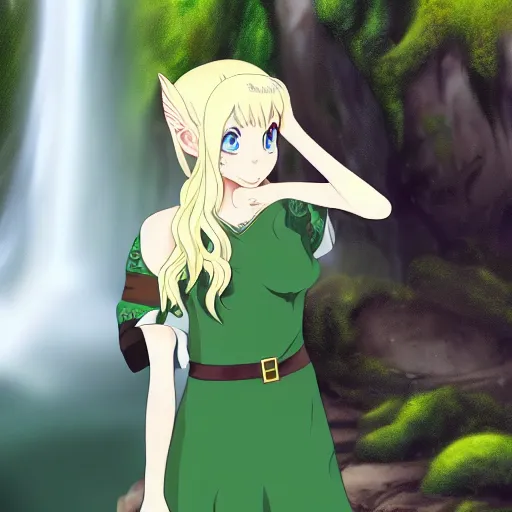 Image similar to beautiful young blonde-haired elf woman tucking her hair behind her ear and wearing a green dress in front of a waterfall, anime art, very very very very beautiful, 4k