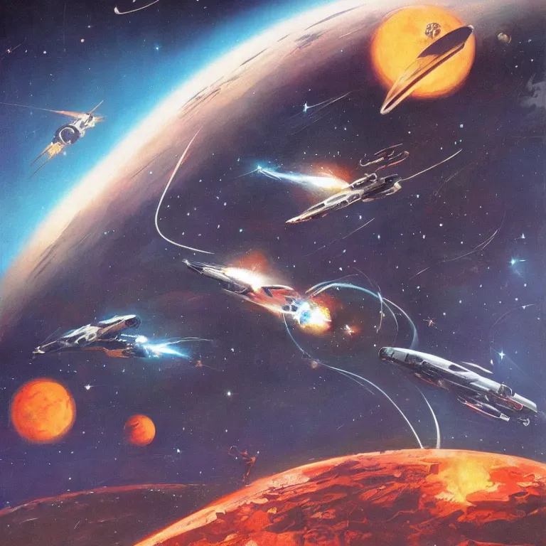 Prompt: sci-fi concept art in space by Vincent Di Fate
