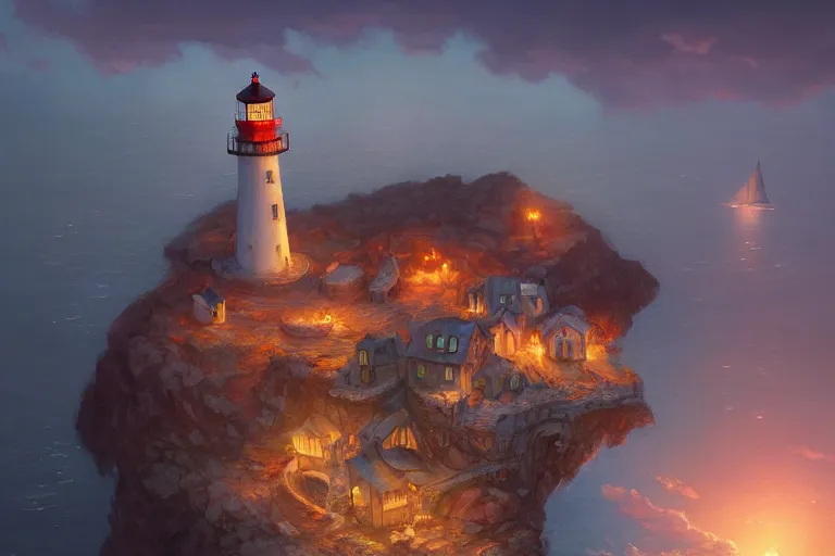 Image similar to Cozy small fantasy village on a cape with a lighthouse, fishing boats, view from above. In style of Greg Rutkowski, Jesper Ejsing, Makoto Shinkai, trending on ArtStation, fantasy, great composition, concept art, highly detailed, scenery, 8K, Behance.