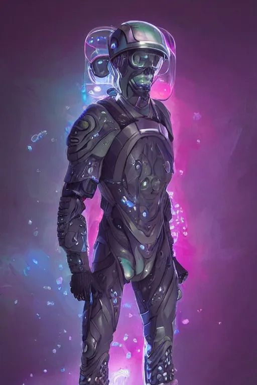 Prompt: a futuristic soldier with jellyfish and sharkskin armor plating in staggered layers, full body, translucent hexagons, neon colors, sci - fi, highly detailed, digital painting, trending on artstation, concept art, sharp focus, illustration, art by artgerm and greg rutkowski and daytoner and tom bagshaw