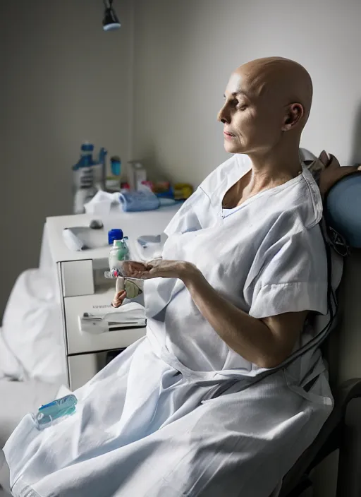 Prompt: medium shot, photo of a beautiful bald 4 0 year old woman hospital patient sitting in a hospital room, wearing a hospital gown, with an iv drip, hopeful. studio lighting, 3 5 mm, marketing photo by charlie waite, max rive, caroline foster.