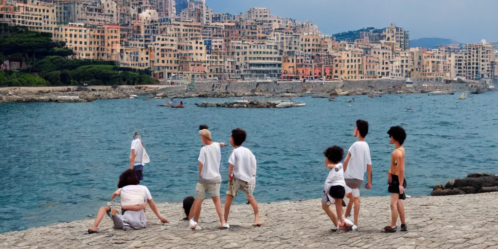 Prompt: wholesome animation studio Ghibli of young guys on the beach in the city of Genova. Sharp bloom dramatic lightning. Sunny day.