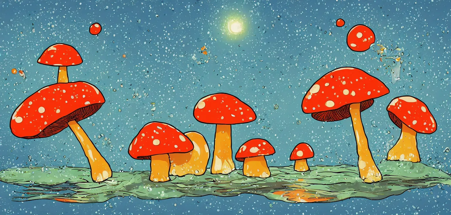 Prompt: a giant mushroom and a giant carrot aking a warm bubble bath, digital art in the style of Ralph goings