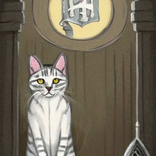Prompt: portrait of a [ white and grey tabby cat ] wearing the [ hogwarts sorting hat ] in the [ hogwarts great hall ], in the style of harry potter