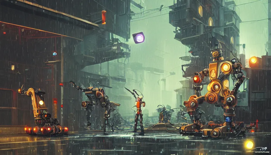 Prompt: a steampunk robot duels a cyberpunk robot, raining, sharp focus, james gilleard, cinematic, game art, extremely detailed digital painting