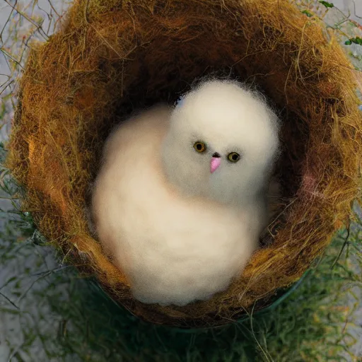 Image similar to long shot of a very fluffy wool chick nesting in a floral cup, esao andrews, by m. w. kaluta, humorous illustration, hyperrealistic, tilt shift, warm colors, night scenery, low light, 3 d octane render, 4 k, volumetric lights, smooth, cosy atmosphere, conceptart, hyperdetailed, trending on deviantart