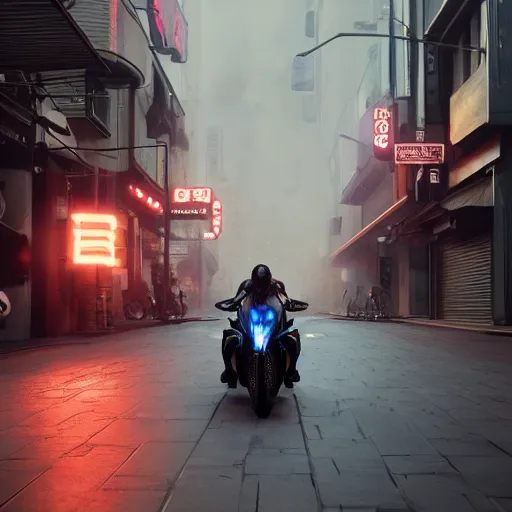 Image similar to a hyperrealistic photograph 3D octane render of a single wheel motorcycle concept design Japanese engineering in the streets of fire, trending on artstation, 4K, dramatic lighting, glowing, volumetric lighting, ray tracing, unreal engine