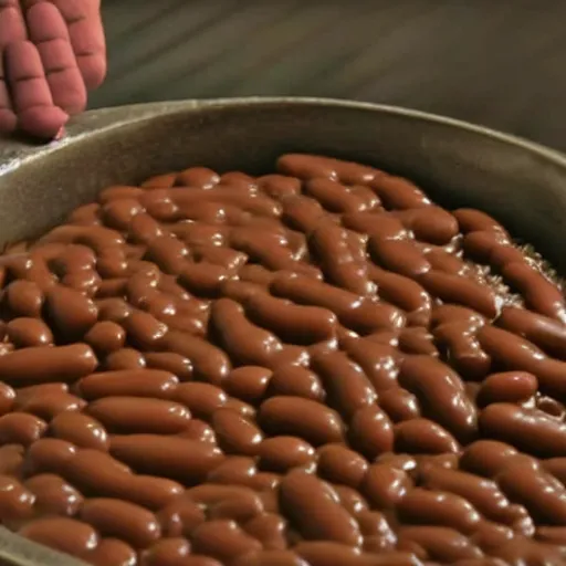 Prompt: film still of a human made of baked beans