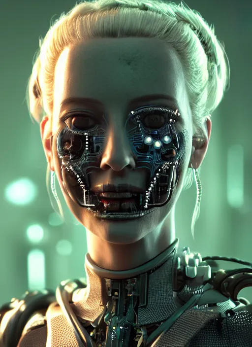 Image similar to 35mm portrait of a 7 of 9 borg with face implants on the background of a weird magical mechanical forest. Round gears visible inside her hear. Very detailed 8k. Fantasy cyberpunk horror. Sharp. Unreal 5 render with nanite, global illumination and path tracing. Cinematic post-processing