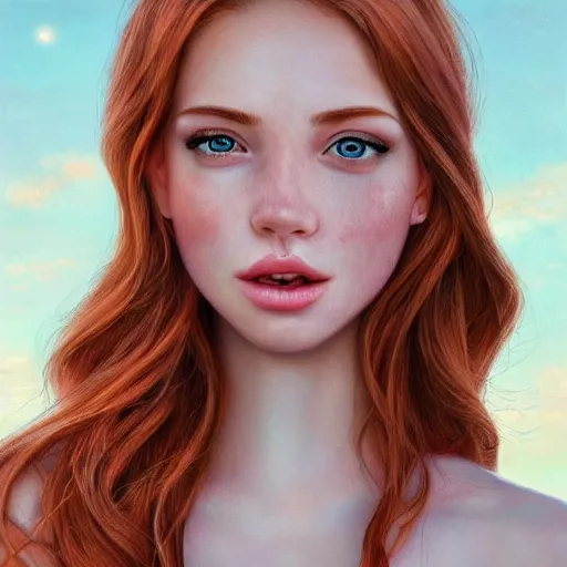 Image similar to a gorgeous female photo, professionally retouched, soft lighting, wearing sundress, illuminated by moonlight realistic, smooth face, redhead, light freckles, perfect eyes, wide angle, sharp focus on eyes, 8 k high definition, insanely detailed, intricate, elegant, art by artgerm and wlop