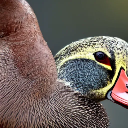 Prompt: an extremely close - up photograph of a duck, looking at the camera lens