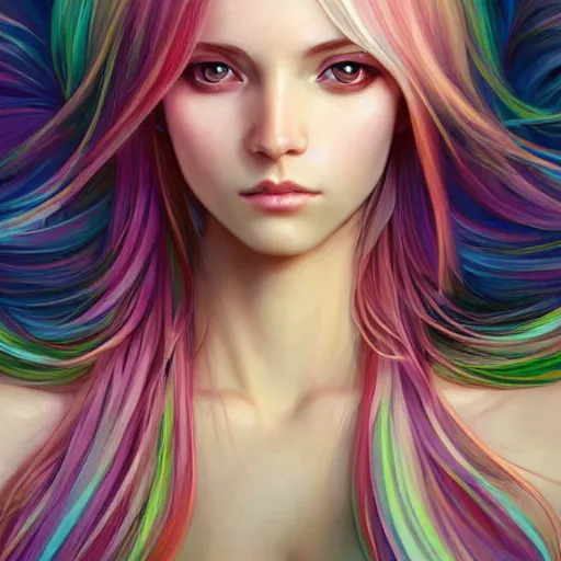 Image similar to portrait of beautiful symmetrical anime girl, rainbow hair, attractive, casual, modern, victoria's secret, highly detailed, digital painting, artstation, concept art, smooth, sharp focus, illustration, art by artgerm, greg rutkowski and alphonse mucha, 8 k,