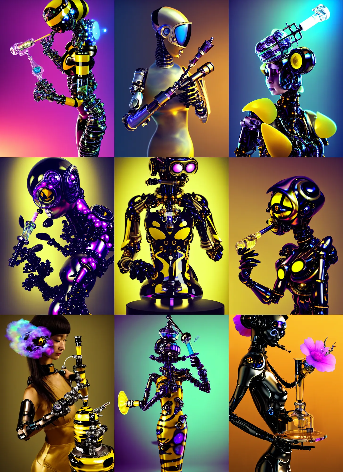 Prompt: cybernetic pearlescent obsidian bumblebee edm cyborg, smoking a floral bong | ornate | glamorous oily soft polished rich grand modern | weta disney pixar movie still photo | hi - fructose, sci fi fantasy, golden ratio, smooth, octane render, sharp focus, artstation, concept art | beeple, feng zhu, mucha, rutkowski |