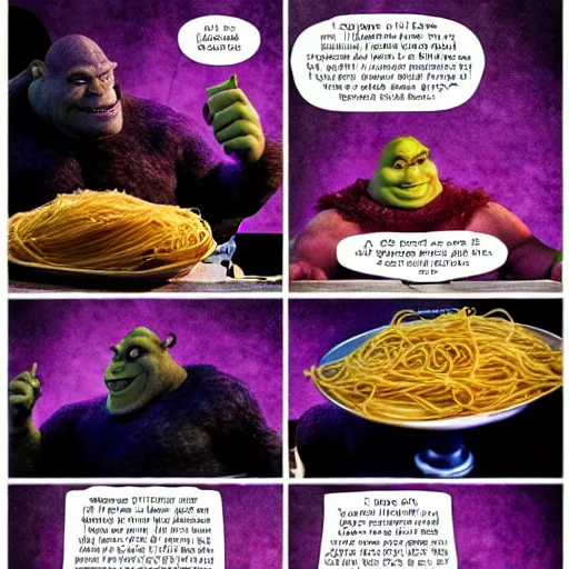 Image similar to Shrek and Thanos eating spaghetti at a fancy Italian restaurant, romantic candlelit dinner