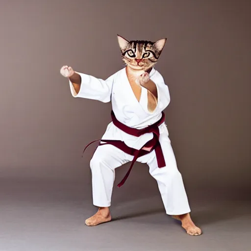 Image similar to realistic photo of a humanoid cat wearing a karate uniform in fighting pose