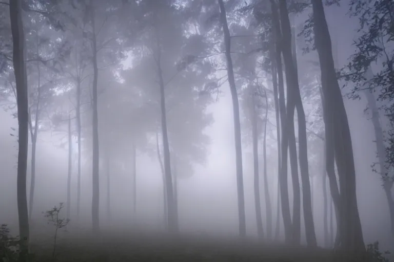 Image similar to An ultrawide cinematic shot of a forest at night with fog and lightning.