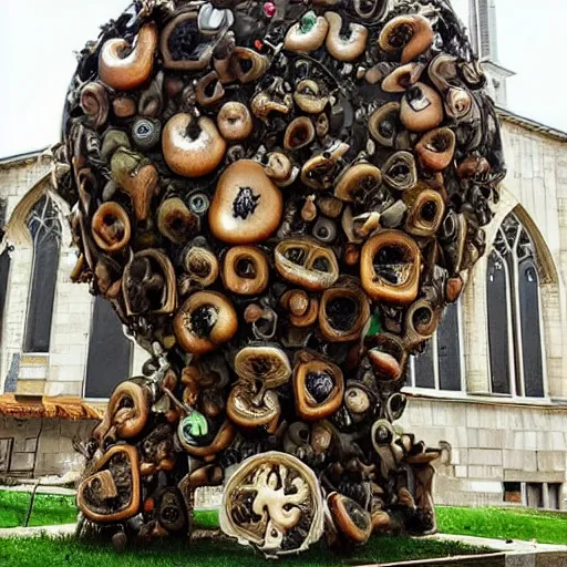 Prompt: A sculpture made of recycled materials but with perfect definition, 🍄⛪