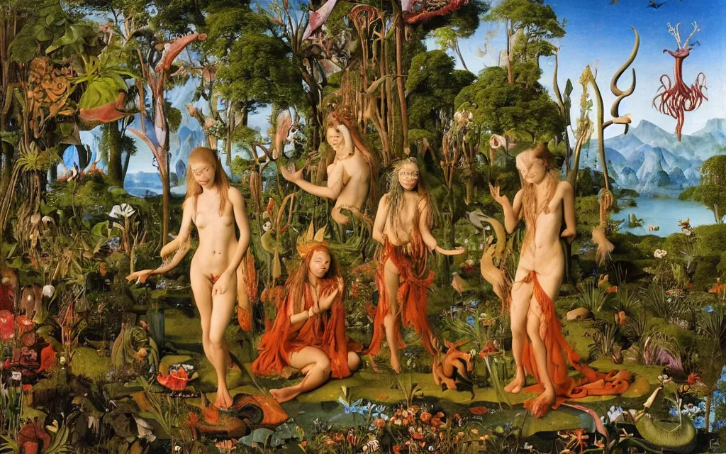 Image similar to a portrait photograph of a meditating mermaid shaman and a centaur monk feeding tropical animals at a wide river delta. surrounded by bulbous flowers, animals, trees and mushrooms. mountain range under a vast blue sky of burning stars. painted by jan van eyck, max ernst, ernst haeckel and artgerm, cgsociety, artstation, fashion editorial