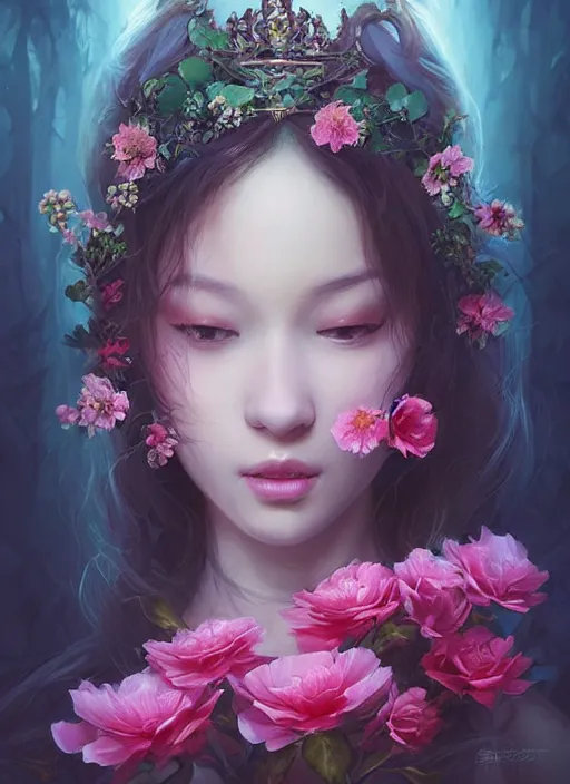 Image similar to a gorgeous flower princess portrait by WLOP, artgerm , digital painting, beautiful lighting, mystical, detailed flowers, 🌺 cgsociety