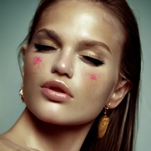 Image similar to extreme close up portrait of stunningly beautiful girl, gold dust make up, high res photo, 8 k, by mario testino