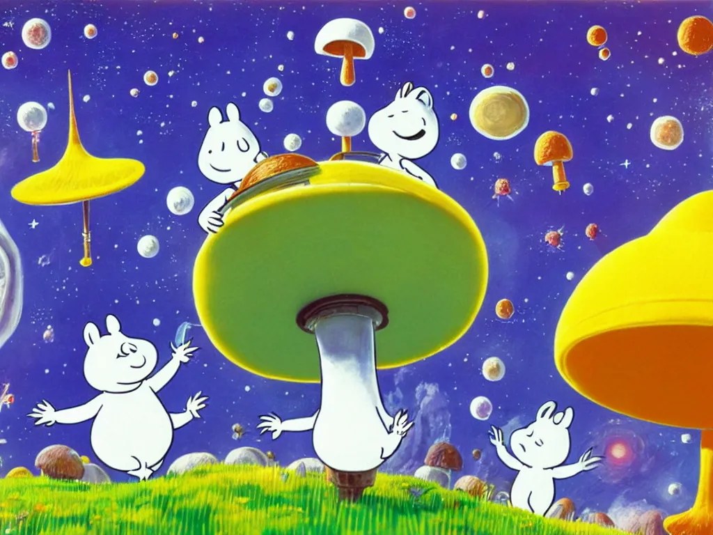 Image similar to moomins in space suits flying around with jetpacks discovering the mushroom planet, photorealistic painting, cgi