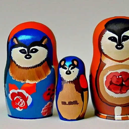 Image similar to a Russian nesting doll painted like a raccoon, Matryoshka doll, detailed photo