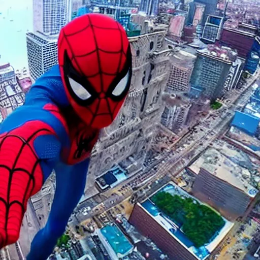 Prompt: GoPro footage of Spider-Man swinging through the city