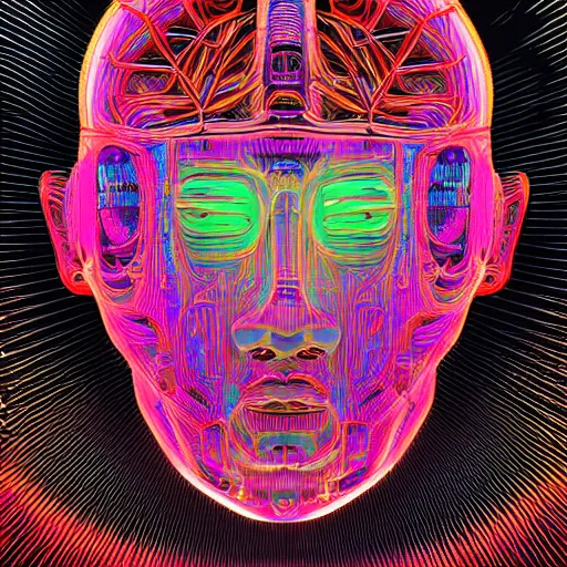 Image similar to hyperdetailed portrait of a psychedelic cyberpunk robot head, 8 k, symetrical, halluzinogenic, meditative, vector art, black background