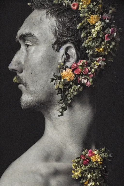 Image similar to a man's face in profile, clean shaven, made of flowers and fruit, in the style of the Dutch masters and Gregory crewdson, dark and moody