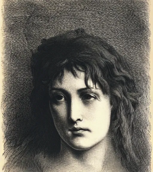 Prompt: black and white, portrait of a woman face in forest, extreme close-up, Gustave Dore lithography