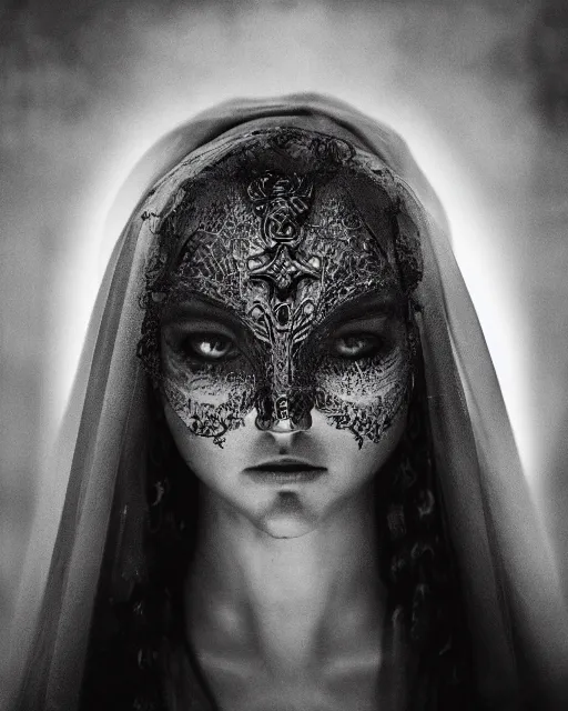 Prompt: beautiful insanely detailed portrait of a dark and mysterious oracle female, 35mm, cinematic shot, photorealistic, hard light, depth of field