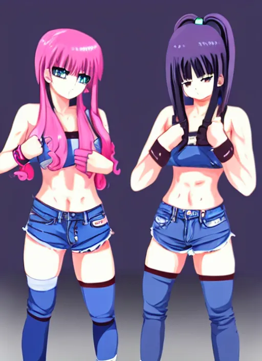 Prompt: two beautiful female fighters with twintails taunting each other, denim shorts, white top, dim lighting, gorgeous features, smooth, detailed anime art