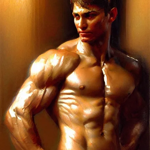 Prompt: Vladimir Putin as a greek god, muscular, detailed face, thighs, painting by Gaston Bussiere, Craig Mullins